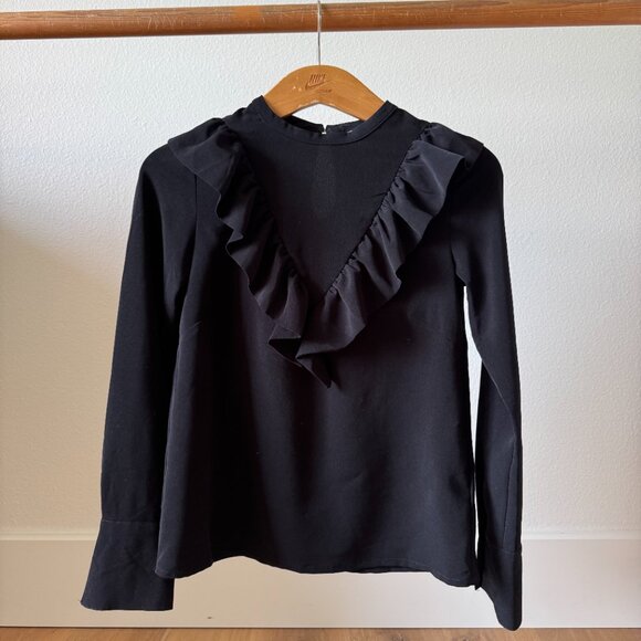 H&M Black Tuxedo Ruffle Blouse | Feminine Statement Top | Size 4 - Picture 5 of 15